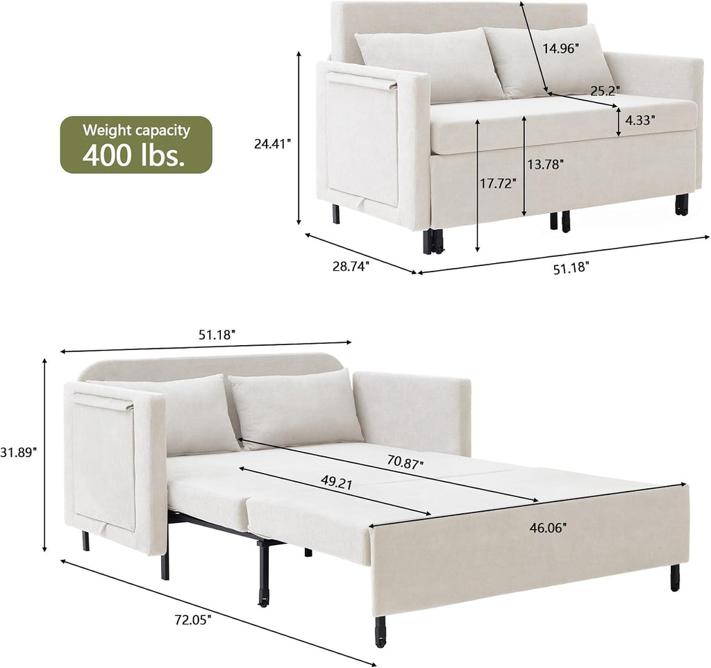3-in-1 Convertible Sleeper Sofa Couch with Pullout Bed, Loveseat Sleeper Sofa Bed with Hidden Side Table, 56' Full Size Folding Futon Couch for Living Room Guest Room Apartment Home Office (Beige)