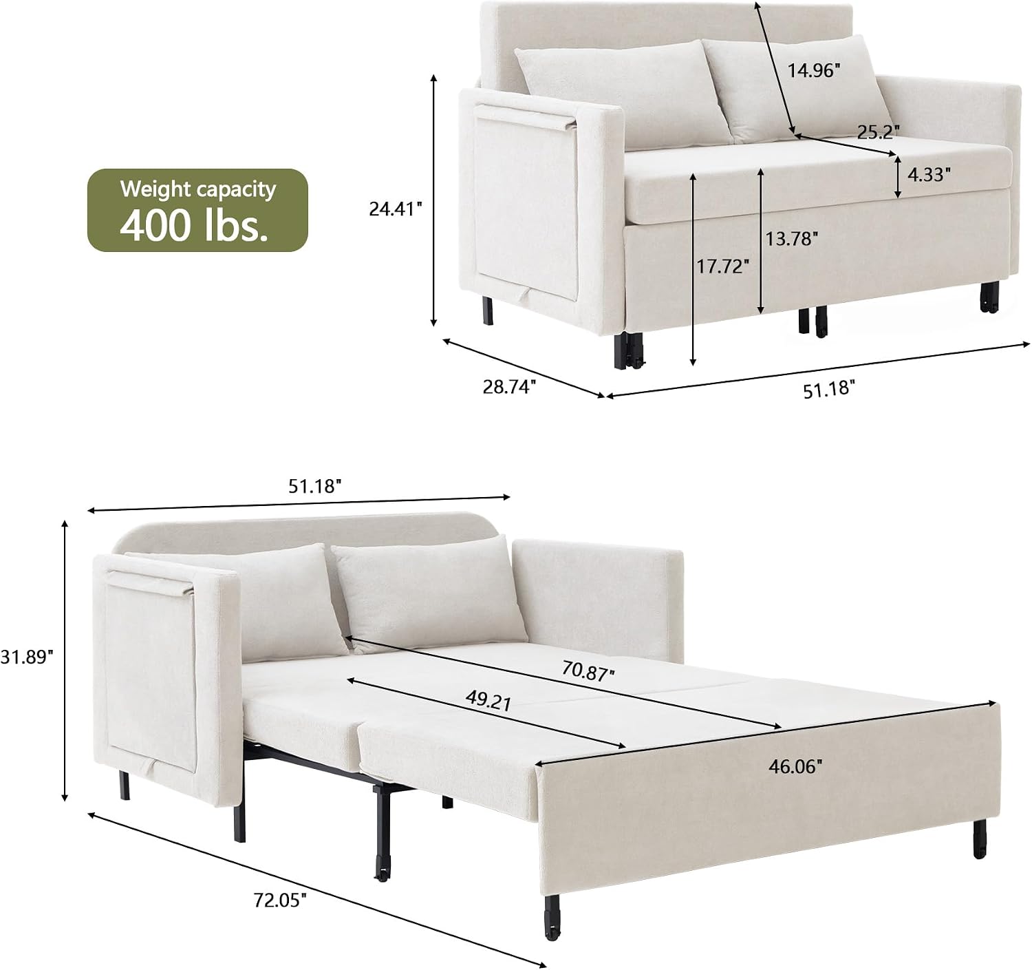 3-in-1 Convertible Sleeper Sofa Couch with Pullout Bed, Loveseat Sleeper Sofa Bed with Hidden Side Table, 56' Full Size Folding Futon Couch for Living Room Guest Room Apartment Home Office (Beige)