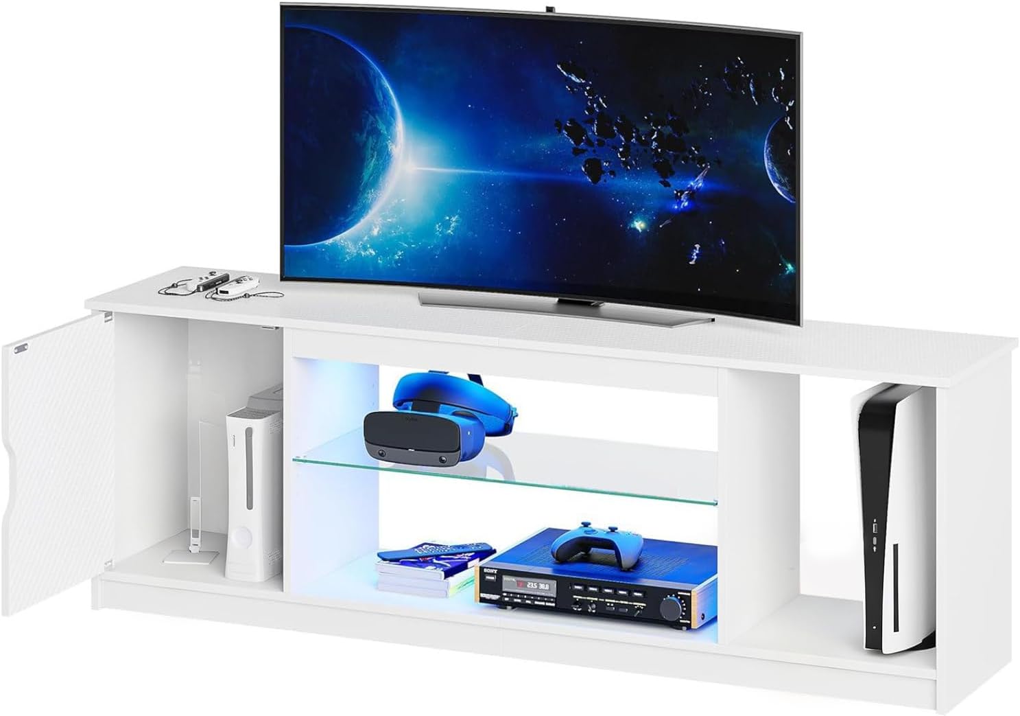 Bestier Gaming LED TV Stand for 65 Inch TV, Entertainment Center with Cabinet for PS5 Xbox, Modern TV Console for Living Room Bedroom, Adjustable Glass Shelves, Carbon Fiber White