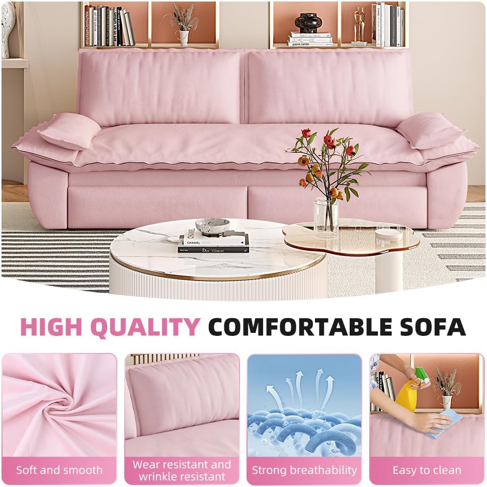 73.2' Sofa Bed Queen, 3-in-1 Pull Out Sofa Bed with Pillow Armrest, Modern Velvet Convertible Sleeper Futon Sofa for Living Room Small Space, Apartment, Bedroom, Pink
