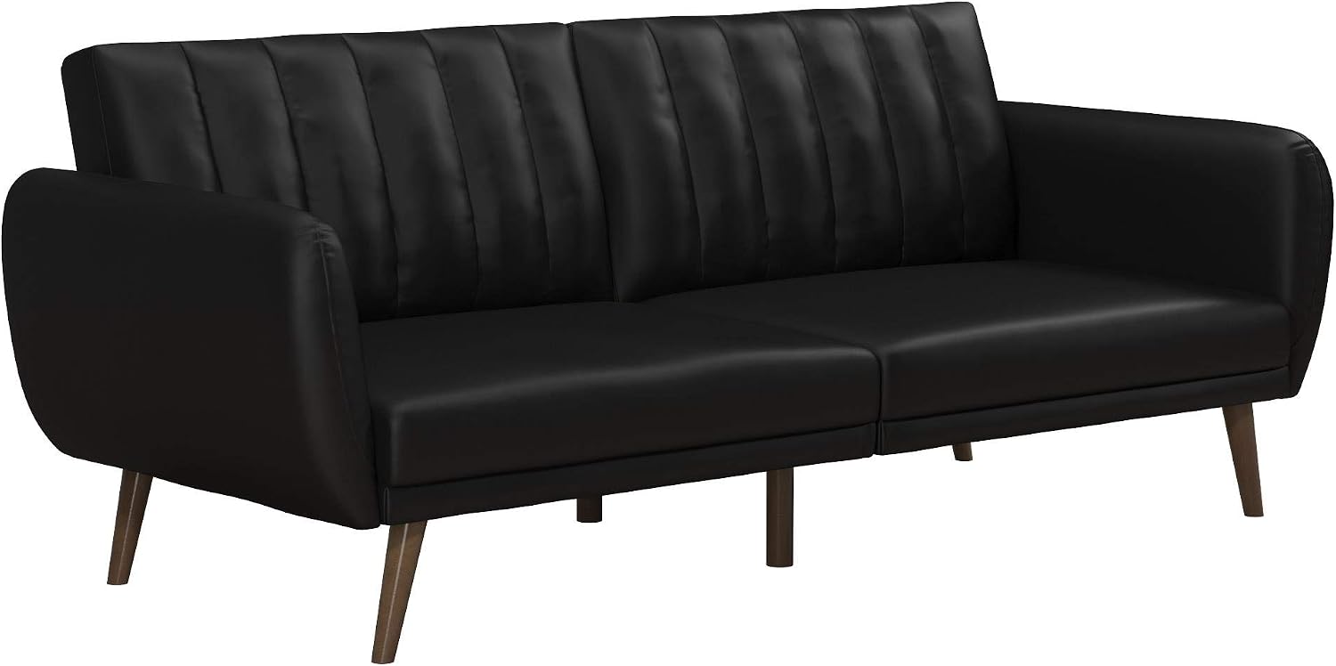 Novogratz Brittany 82 Inch Futon Sofa Bed in Faux Leather, Upholstered Couch Sleeper with Tufted Back, Mid-Century Modern Design, Black