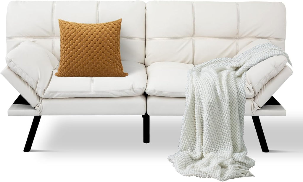 MUUEGM Futon Sofa Bed Convertible Couch,Memory Foam Futon Sofa Couch,Sleeper Futons Sofa Couches,Small Splitback Modern Loveseat Sofa Bed for Living Room,Office,Apartment,Faux Leather,White.