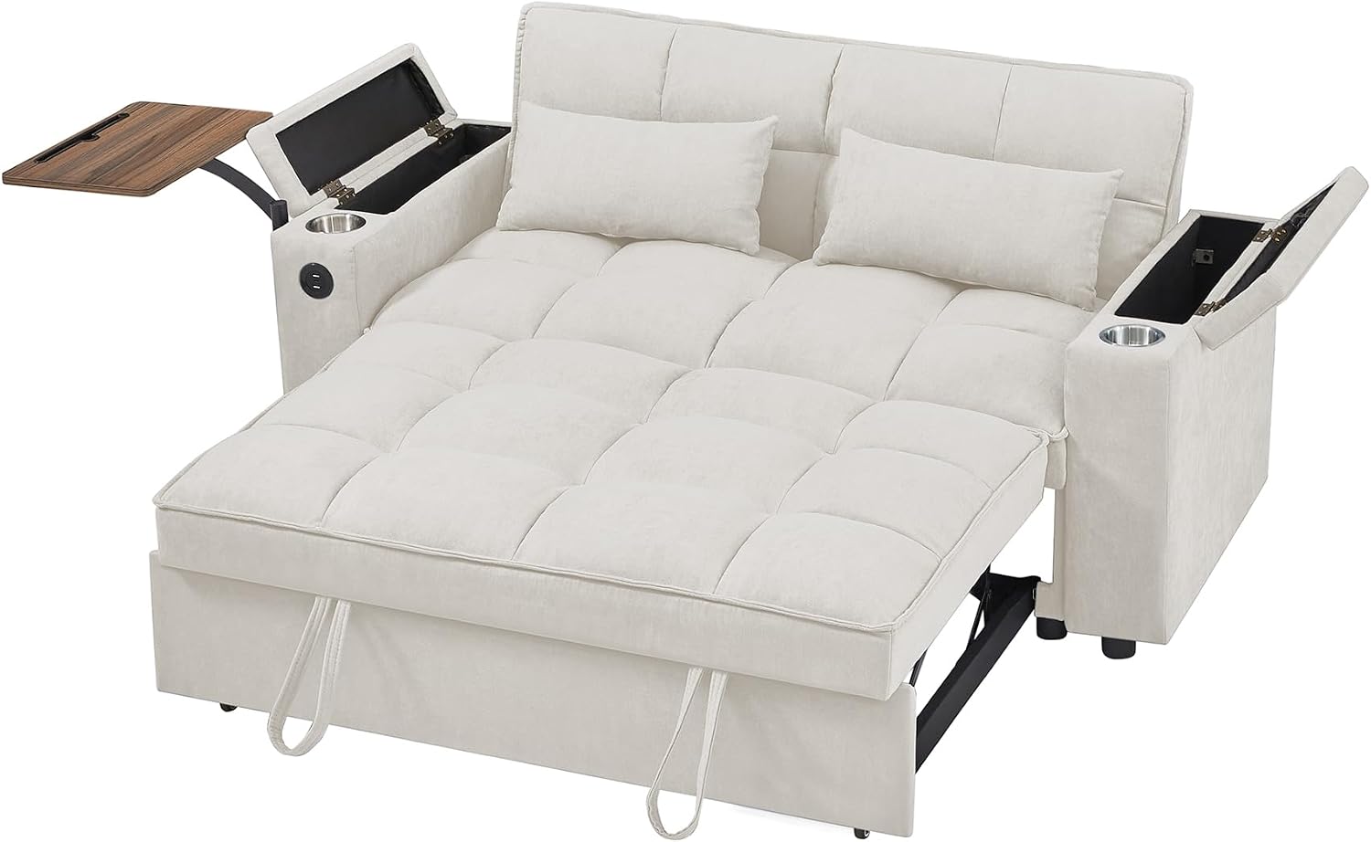 hansones 65'' Convertible Sleeper Sofa Bed with Pull-Out Design, 3-in-1 Modern Chenille Fabric Couch with 360° Swivel Side Table, Queen Size, Easy Assembly, for Living Room, White
