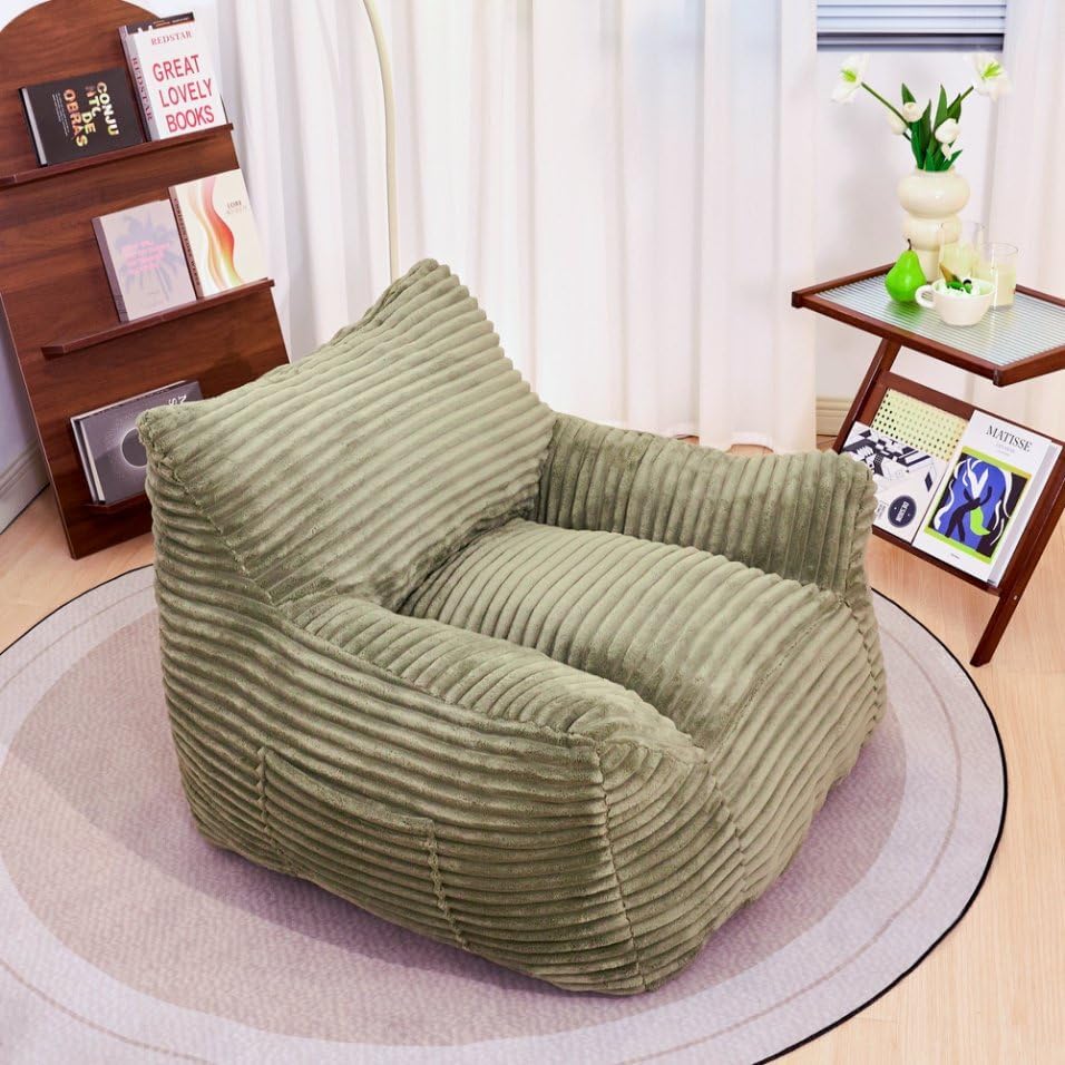 Bean Bag Chair for Adults with Armrests - Oversized Comfy Beige Beanbag Lounge Lazy Floor Sofa Chair for Living Room, Bedroom & Dorm, Cozy Fluffy Single Cloud Mini Couch