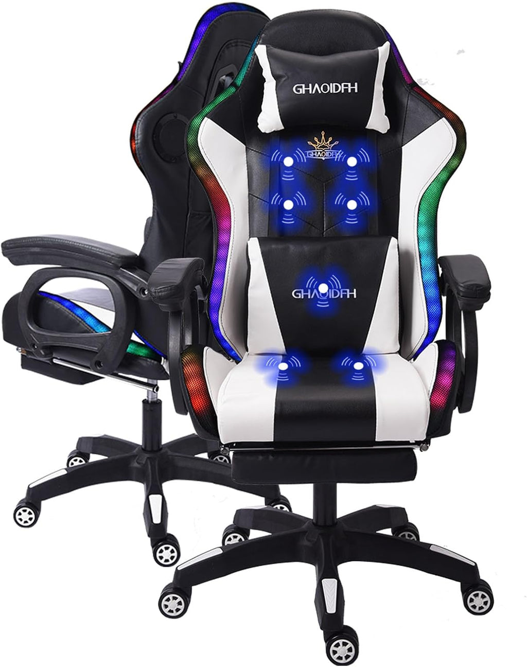 Ergonomic RGB Gaming Chair with Massage, Adjustable Footrest, and Built-in Speakers,Swivel Reclining PU Leather Design with Lumbar Support - Ultimate High-Back Racing Gaming Chair.,White
