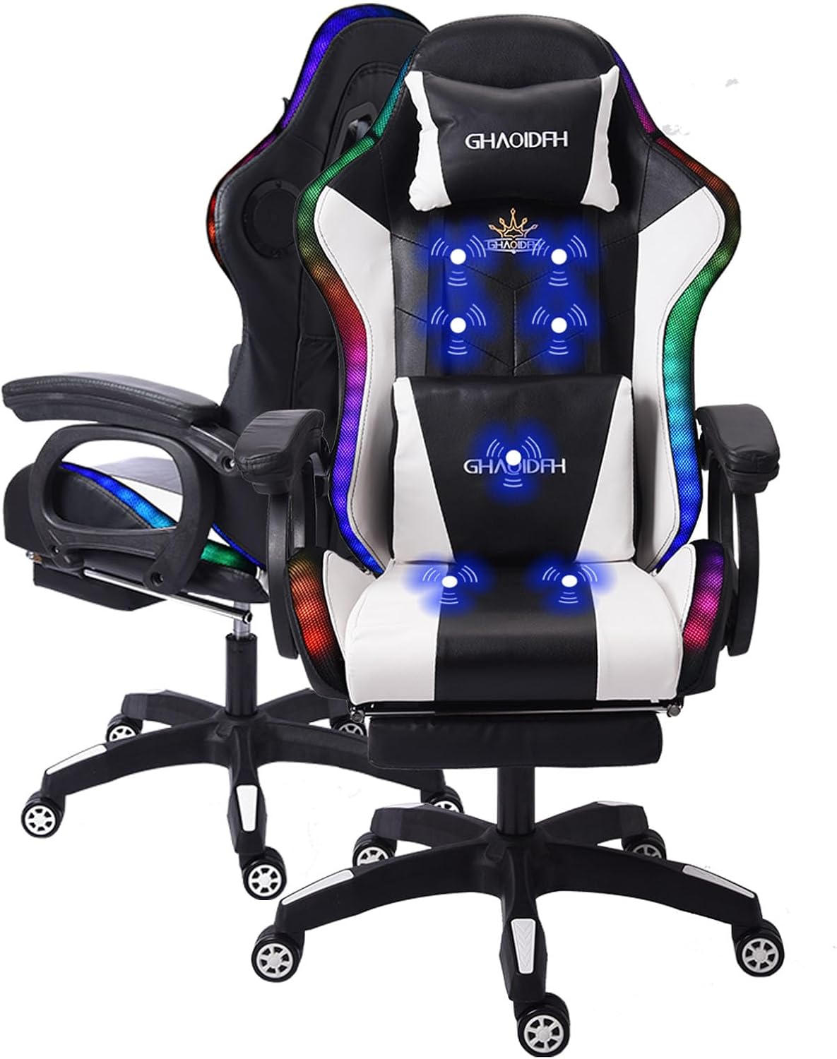 Ergonomic RGB Gaming Chair with Massage, Adjustable Footrest, and Built-in Speakers,Swivel Reclining PU Leather Design with Lumbar Support - Ultimate High-Back Racing Gaming Chair.,White