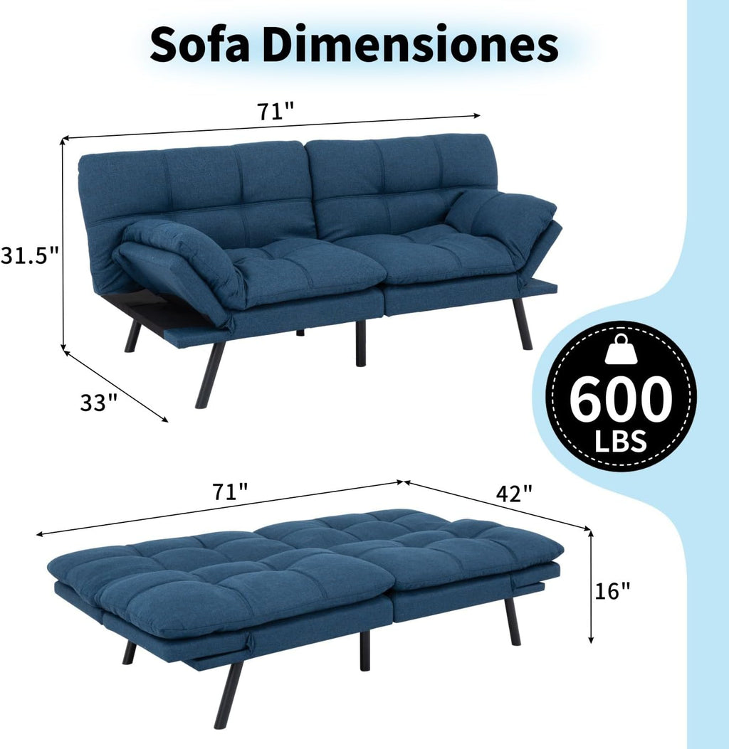 MUUEGM 71' Convertible Futon Sofa Bed, Upholstered Small Futon Couches with Adjustable Backrest, Loveseat Sleeper Bed for Compact Living Room Studio Office (Blue)