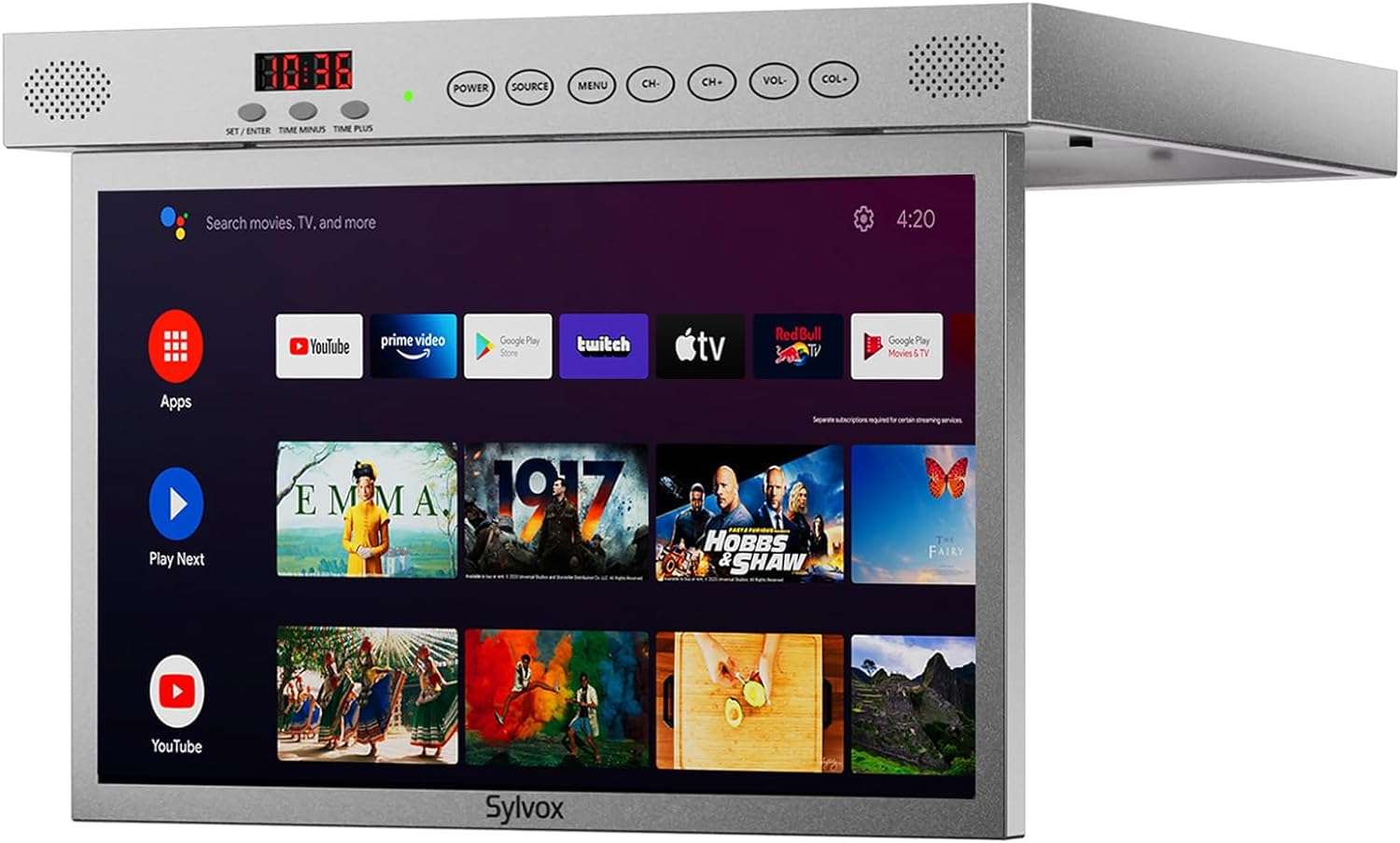 SYLVOX 15.6' Under Cabinet Smart TV – 360° Rotation, 90° Flip-Down Screen, Wireless Connectivity, Space-Saving Design for Kitchen, Bedroom, or RV. (Metallic Silver)