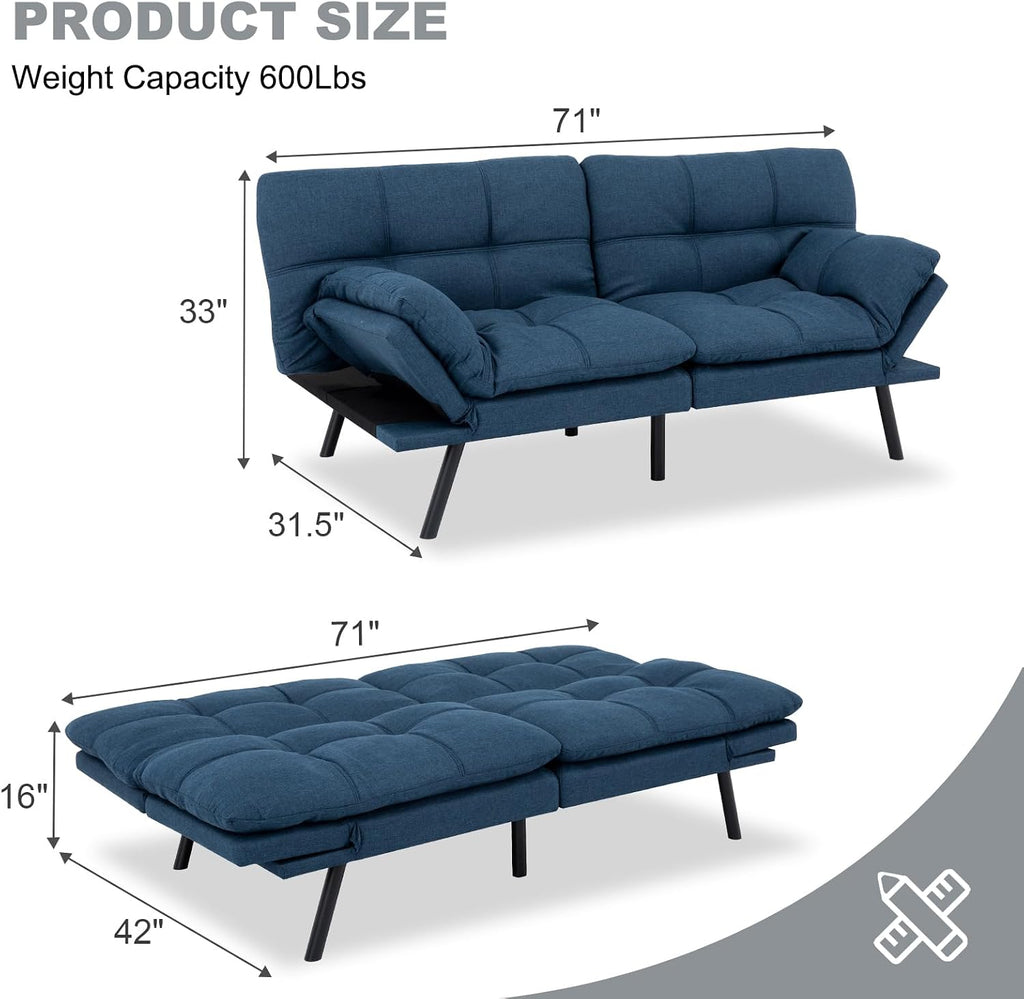 MUUEGM Futon Sofa Bed Convertible Couch,Memory Foam Futon Sofa Couch,Sleeper Futons Sofa Couches,Small Splitback Modern Loveseat Sofa Bed for Living Room,Office,Apartment,Linen Fabric,Blue.