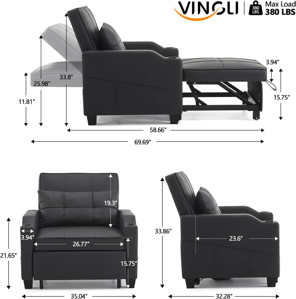 VINGLI Black Sleeper Chair Bed 3-in-1 Convertible Futon Sofa Bed Pull Out Couch Bed Adjustable Recliner Chair with USB Ports Cup Holders Side Pockets for Living Room Bedroom Small Spaces