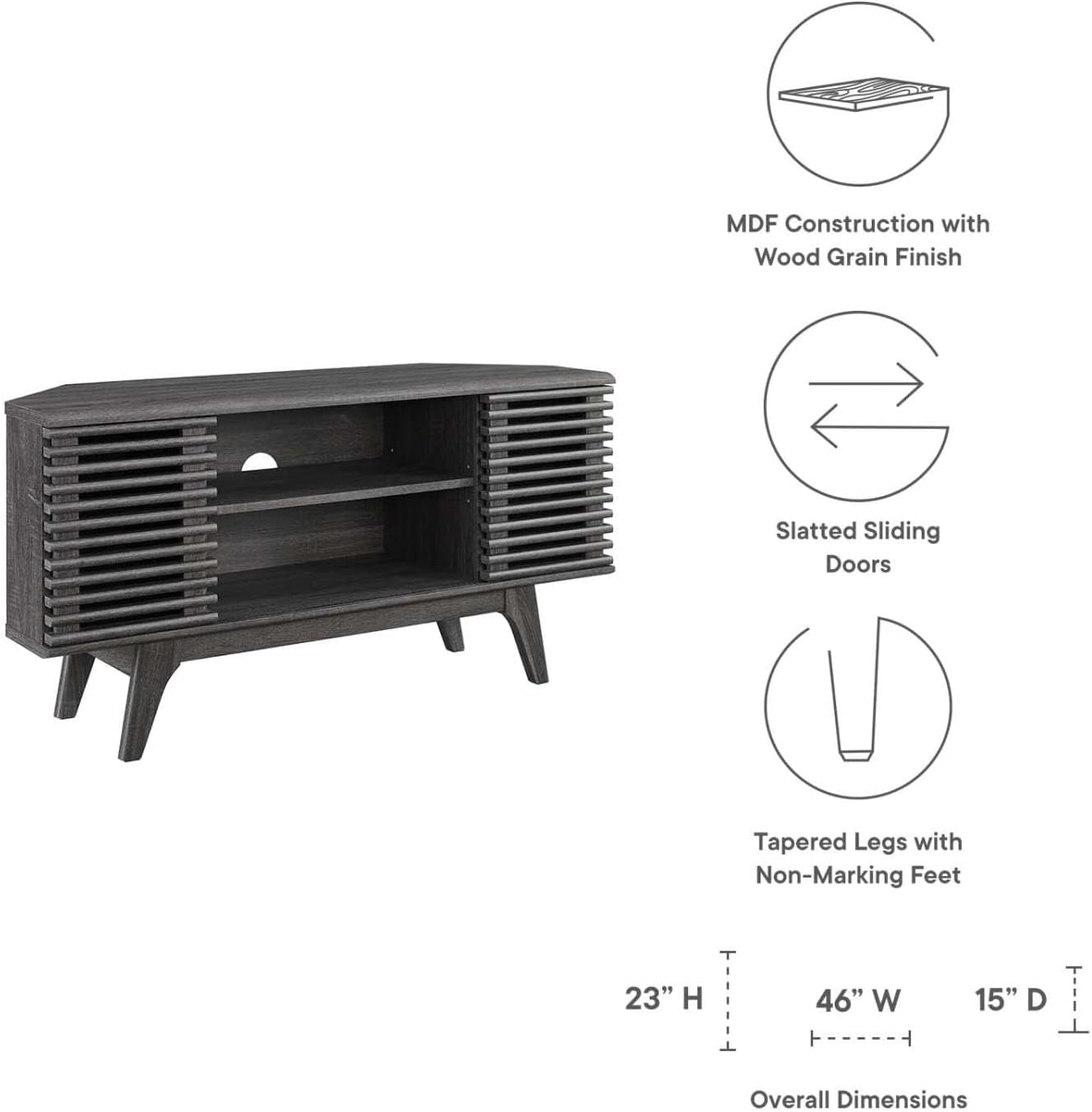 Modway Render Mid-Century Modern Low Profile 46' Corner Media TV Stand in Charcoal
