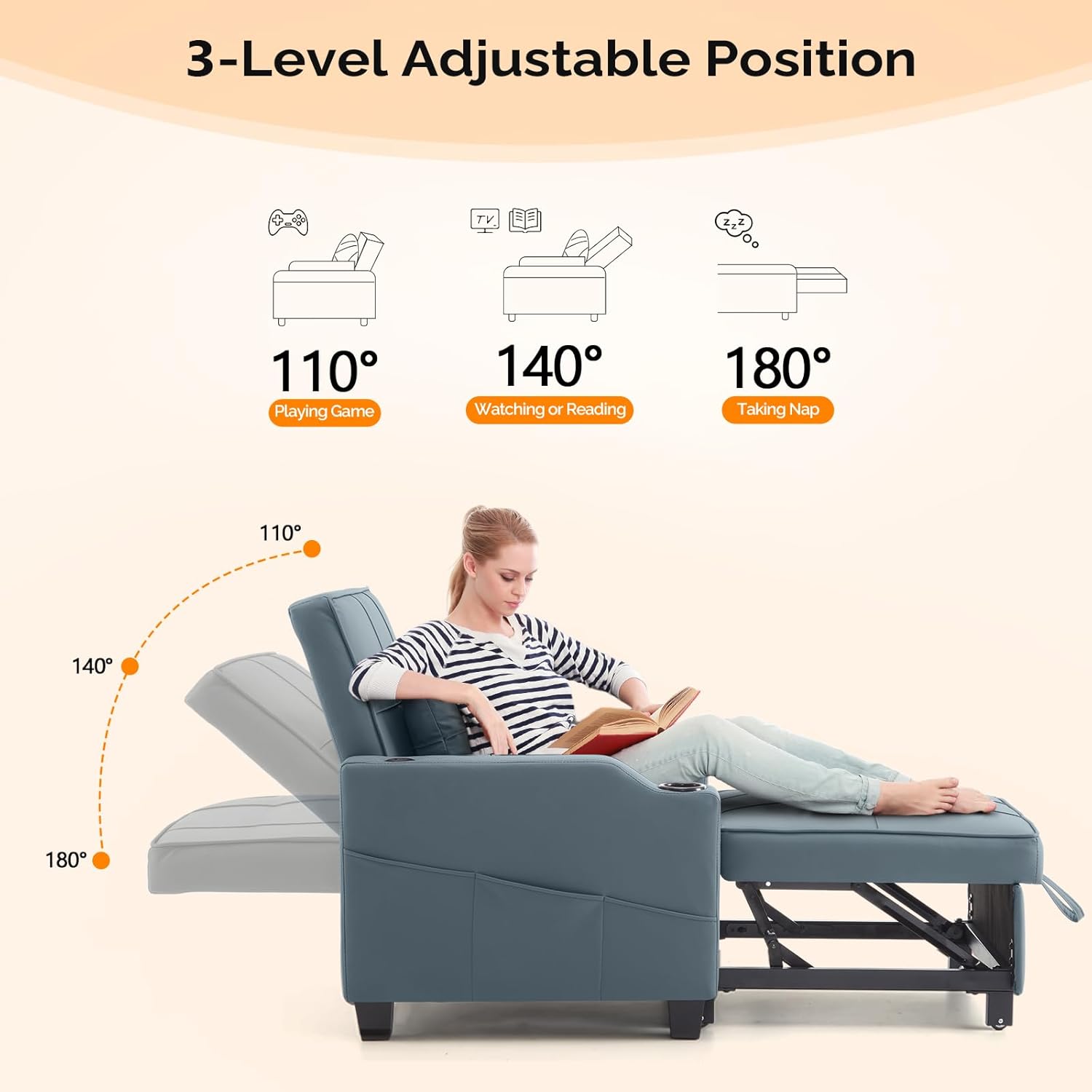 VINGLI Blue Gery Sleeper Chair Bed 3-in-1 Convertible Futon Sofa Bed Pull Out Couch Bed Adjustable Recliner Chair with USB Ports Cup Holders Side Pockets for Living Room Bedroom Small Spaces