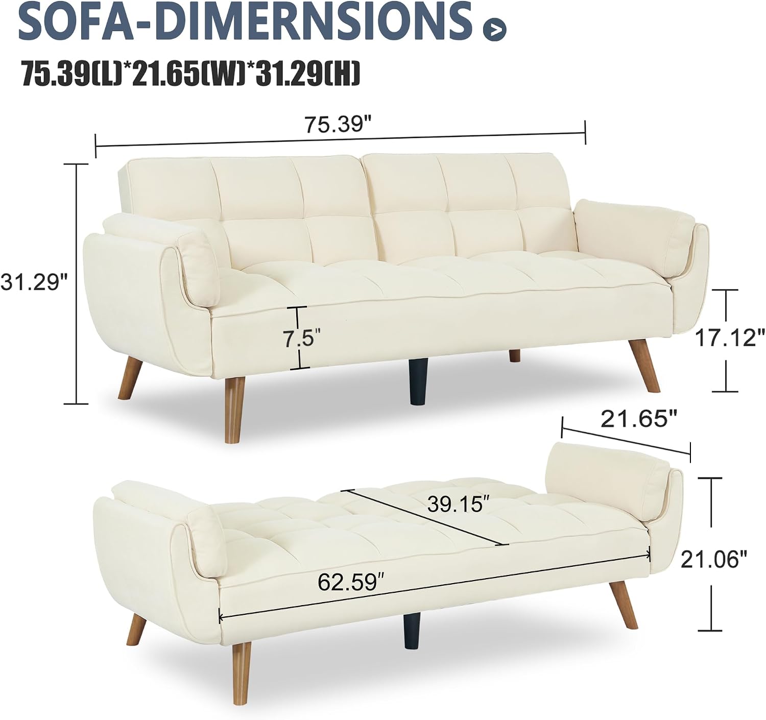 Convertible futon Sofa Bed, Sleeper Sofa Bed with Adjustable backrest, Small Space Small Sofa, Living Room, Bedroom (Beige)