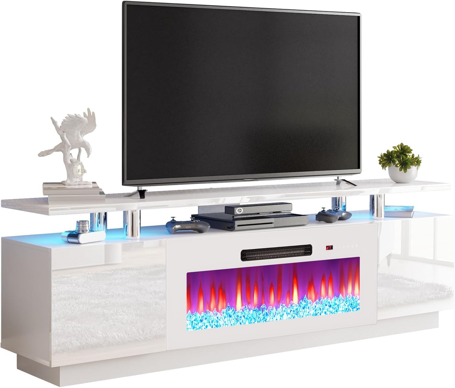 AMERLIFE Fireplace TV Stand with 36' Fireplace, 70' Modern Fireplace Entertainment Center LED Lights, 2 Tier TV Console Cabinet for TVs Up to 80', White & White