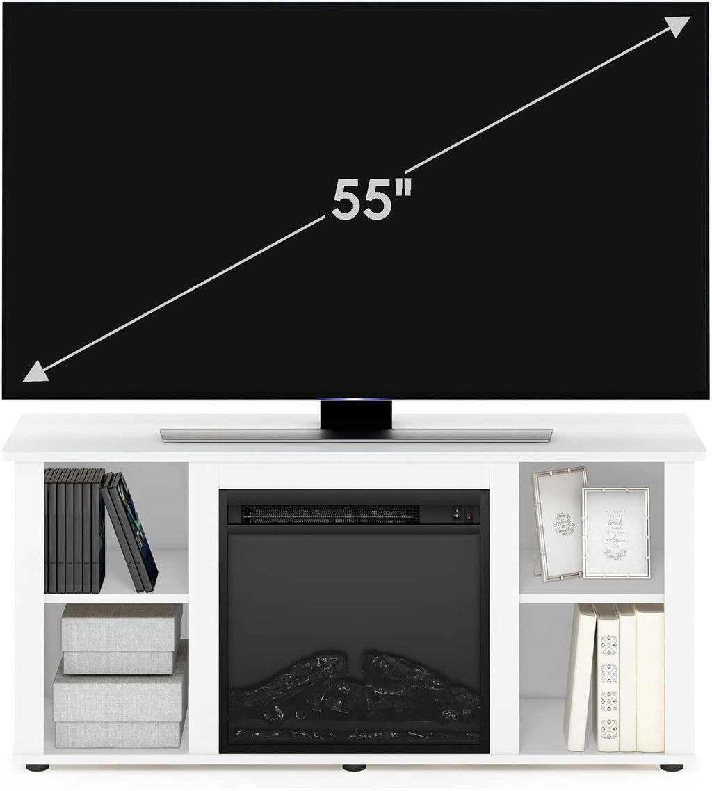 Furinno Jensen Entertainment Center Stand with Fireplace for TV up to 55 Inch, Corded Electric, White