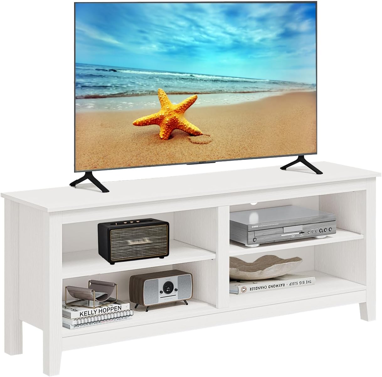 Gyger Modern TV Stand for 65 inch TV, White Wood TV Cabinet with 4 Open Storage Shelves, Fits 50-65 Inch TVs, 55 Inches W x 15 Inches D x 22.8 Inches H