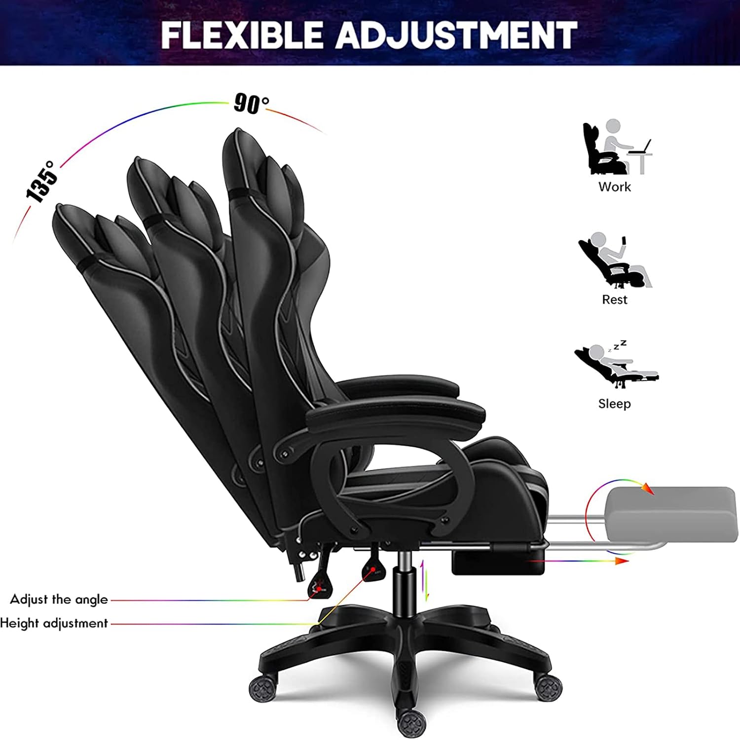 Computer Gaming Chair with LED Lights and Speakers PU Leather Office Chair with Lumbar Pillow Support and Footrest, Massage Gamer Chair High Back Video Game Chair for Adult Teens,Pink