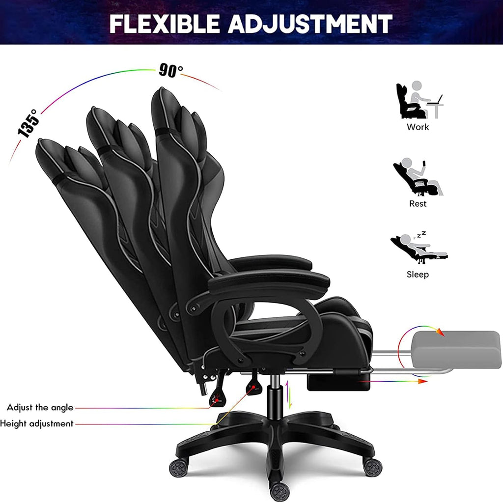 Computer Gaming Chair with LED Lights and Speakers PU Leather Office Chair with Lumbar Pillow Support and Footrest, Massage Gamer Chair High Back Video Game Chair for Adult Teens,White