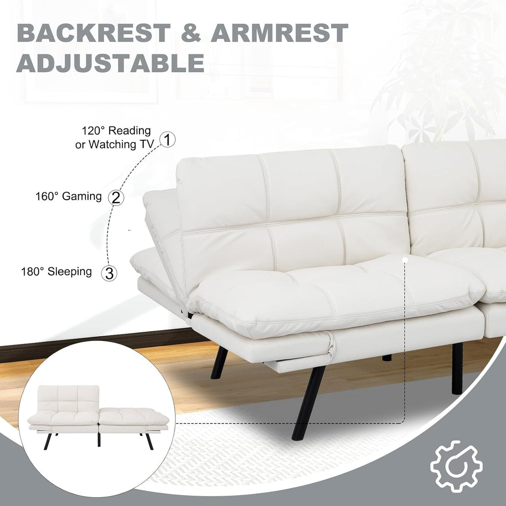 MUUEGM Futon Sofa Bed Convertible Couch,Memory Foam Futon Sofa Couch,Sleeper Futons Sofa Couches,Small Splitback Modern Loveseat Sofa Bed for Living Room,Office,Apartment,Faux Leather,White.