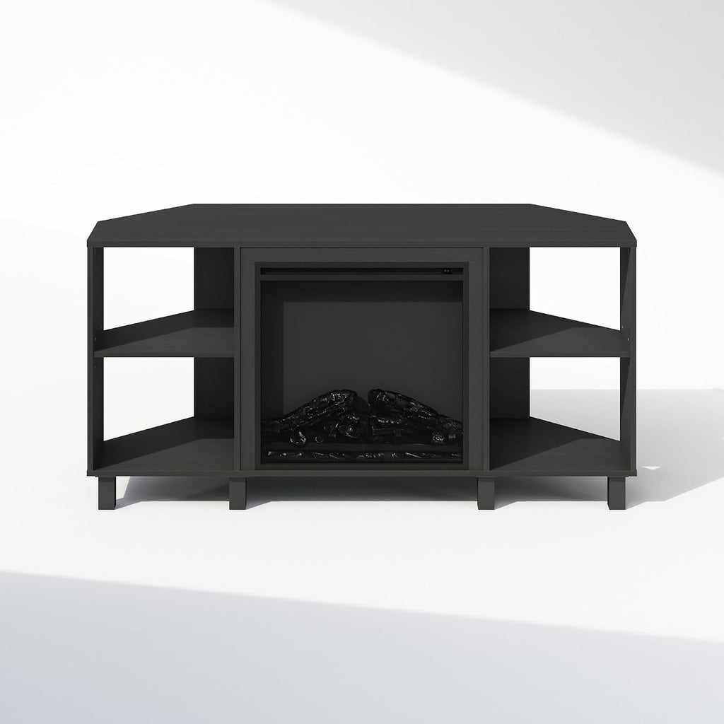 Furinno Jensen Fireplace TV Stand, NO Heat Decorative Electric Fireplace Corner TV Stand for TV up to 55 Inch, with 4 Open Shelves, for Living Room, Americano
