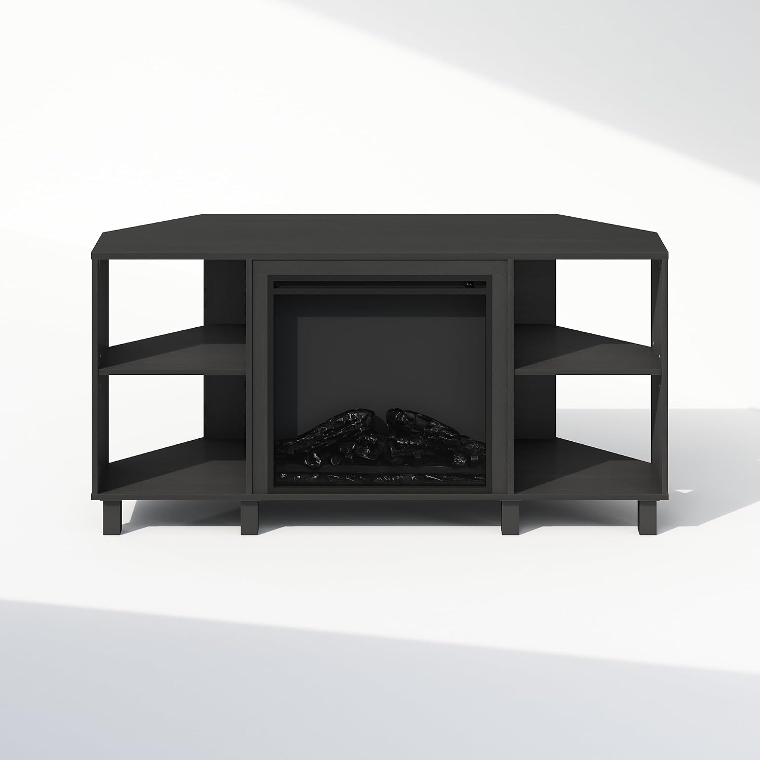 Furinno Jensen Fireplace TV Stand, NO Heat Decorative Electric Fireplace Corner TV Stand for TV up to 55 Inch, with 4 Open Shelves, for Living Room, Americano