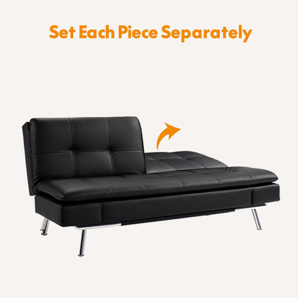 Modern Leather Convertible Folding Futon Couch Sofa Bed Adjustable Pillow Top Arm Memory Foam Couch Double Loveseat Sofa for Compact Living Space,Dorm,Game Studio,Apartment,Bedroom (Black PU)