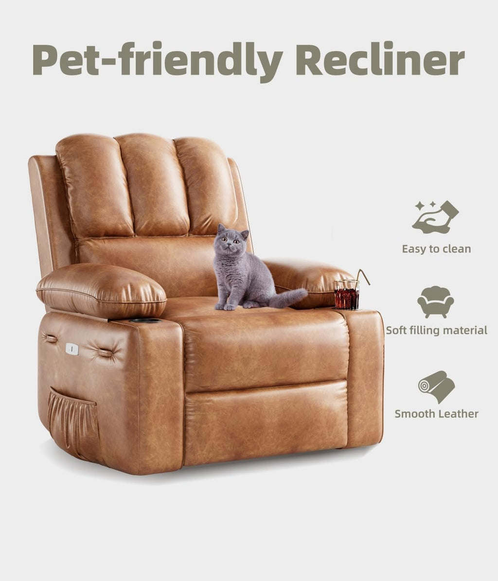 Oversized Electric Recliner Chair for Adults, Swivel Rocker Recliner with Massage and Heat, Pu Leather Single Sofa with Cup Holder and Side Pocket, for Living Room, Bedroom, Vintage Leather