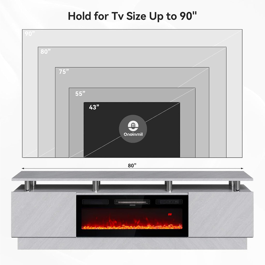 oneinmil Fireplace TV Stand with 36' Electric Fireplace, 80' 2 Tier TV Console Stand for TVs Up to 90', LED Light Entertainment Center, Fireplace for The Living Room TV Stand, Gray