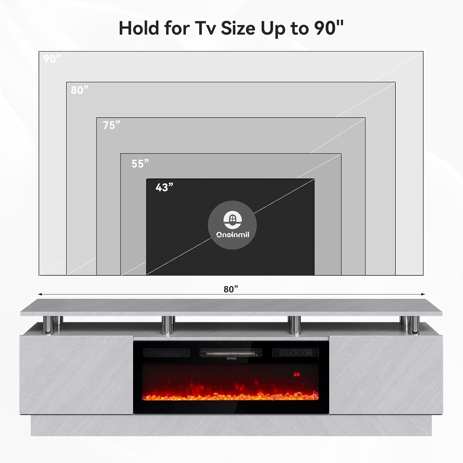 oneinmil Fireplace TV Stand with 36' Electric Fireplace, 80' 2 Tier TV Console Stand for TVs Up to 90', LED Light Entertainment Center, Fireplace for The Living Room TV Stand, Gray