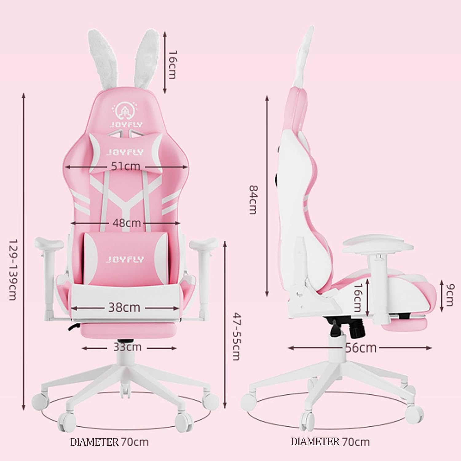 Pink Gaming Chair Big and Tall Lovely Bunny Computer Gamer Chair with Footrest and Lumbar Support Ergonomic Office Chair Comfortable Racing Reclining Leather Chair for Girls Adults Teens Kids