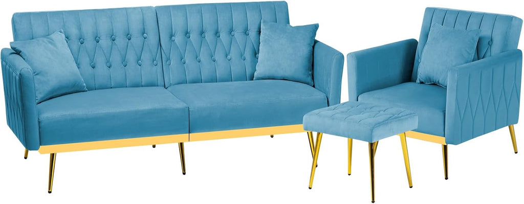 2 Pieces Velvet Sofa Set with Adjustable Armrest and Backrest, 70' Convertible Futon Sofa Bed & Mordern Accent Chair with Ottoman for Living Room, Bedroom, Baby Blue