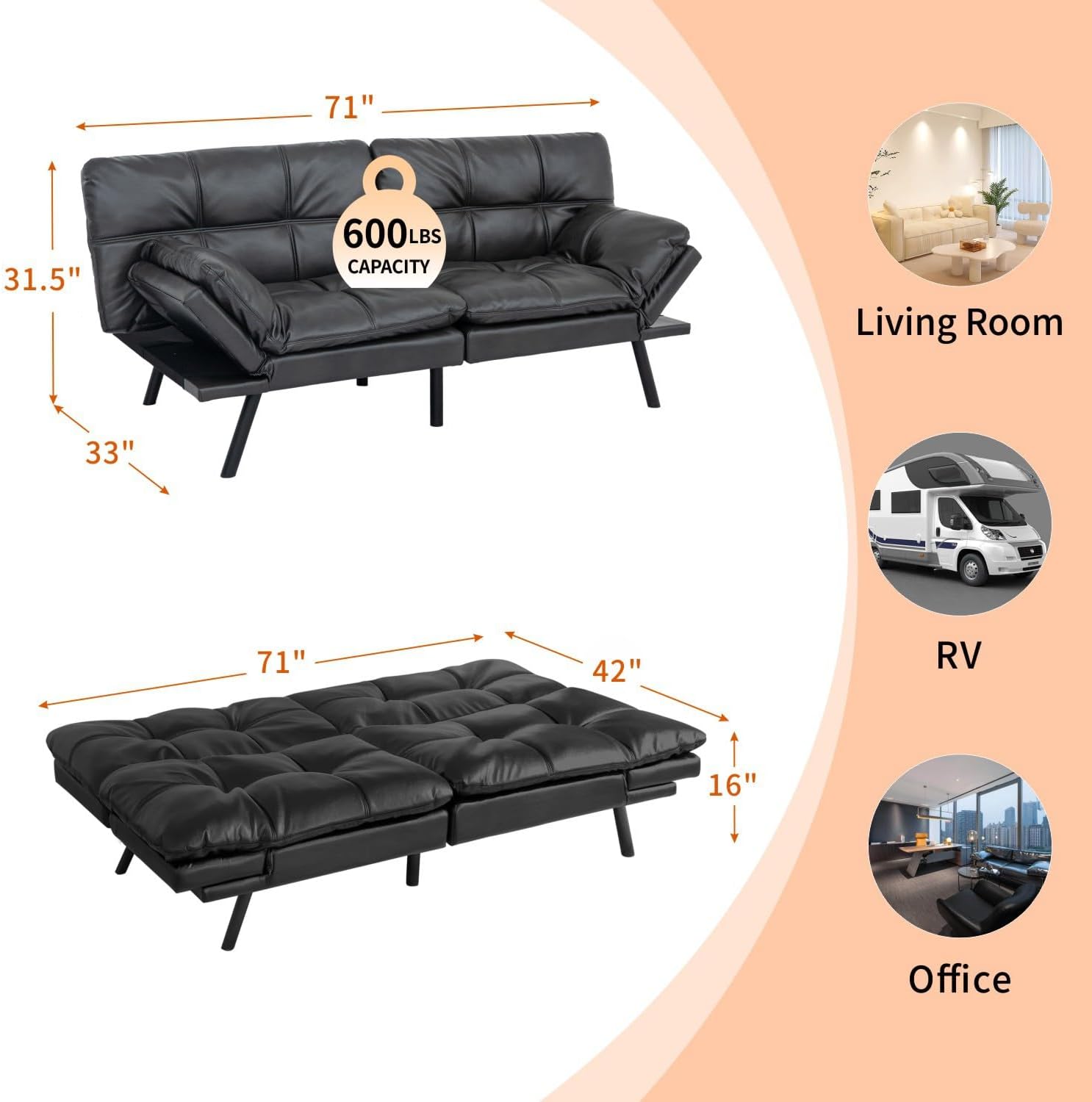 MUUEGM Futon Sofa Bed Convertible Futon Couch Bed Memory Foam Sofa Sleeper,Adjustable Armrest&Backrest Full Size Lounge Couch for Office Apartment Living Room,Matte Black