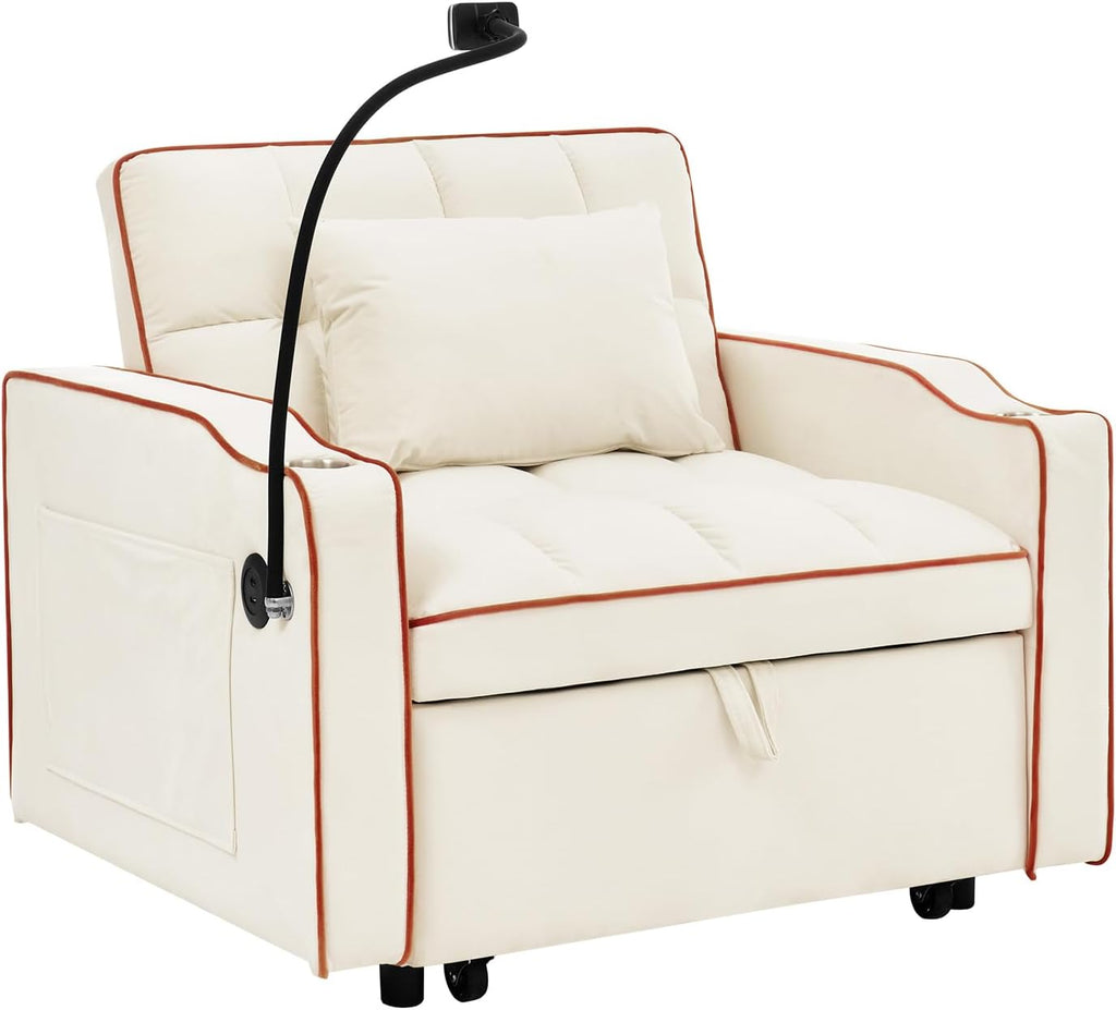3 in 1 Convertible Sleeper Chair Bed with USB Ports, Cup Holder and Phone Stand, Velvet Pull Out Futon Sofa Beds, Adjustable Backrest Single Sofa Chair for Small Spaces, Living Room, Office (Beige)