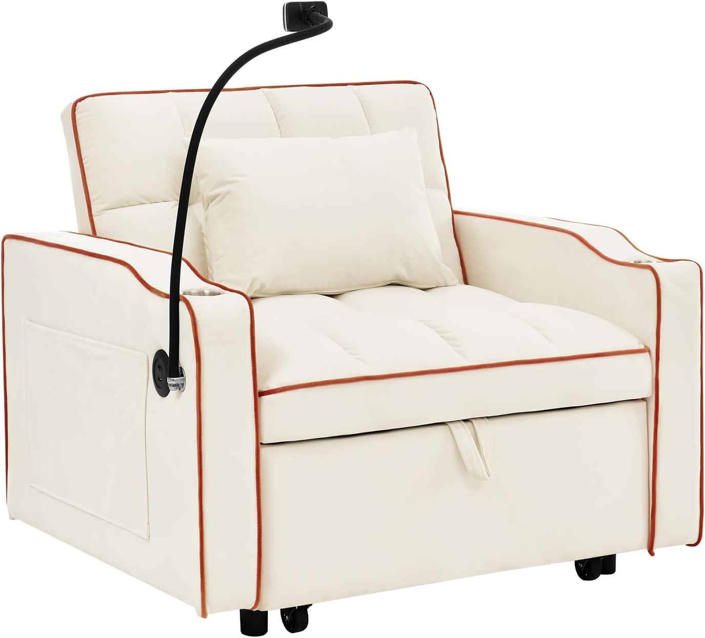 3 in 1 Convertible Sleeper Chair Bed with USB Ports, Cup Holder and Phone Stand, Velvet Pull Out Futon Sofa Beds, Adjustable Backrest Single Sofa Chair for Small Spaces, Living Room, Office (Beige)