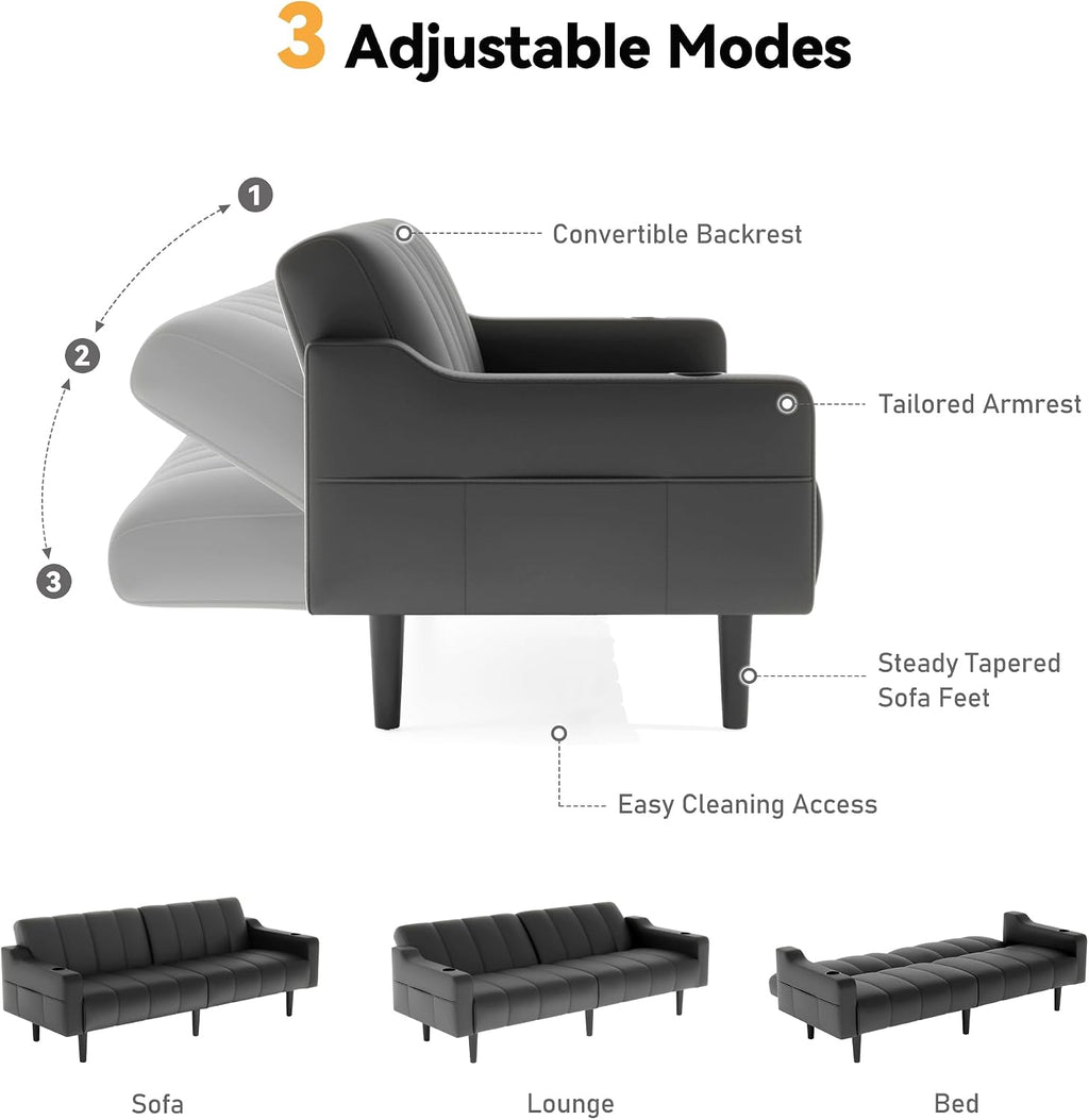 80'' Futon Sofa Bed,Faux Leather Futon Sleeper Sofa, Convertible Loveseat with Adjustable Sofa Backrest,Modern Couches for Living Room, Bedroom, Apartment, Office (Black)