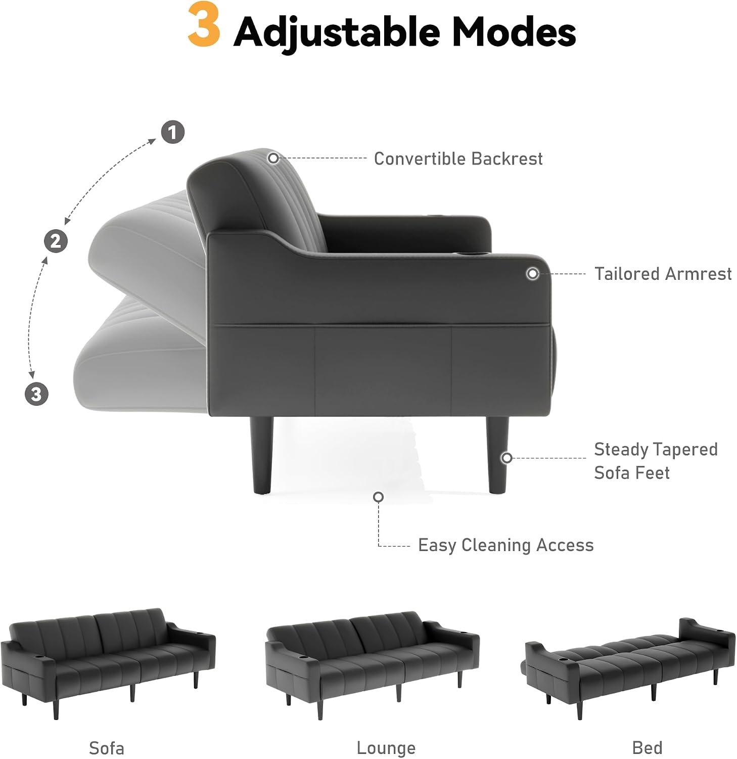 80'' Futon Sofa Bed,Faux Leather Futon Sleeper Sofa, Convertible Loveseat with Adjustable Sofa Backrest,Modern Couches for Living Room, Bedroom, Apartment, Office (Black)