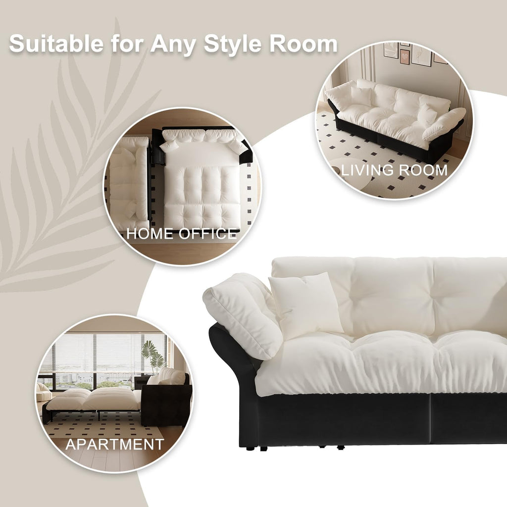 3-in-1 Multi-Functional Sleeper Sofa Bed Convertible Queen Size Pull Out Couch Bed, Tufted Velvet Cloud Loveseat with Pillow Armrest for Guest Room & Living Room