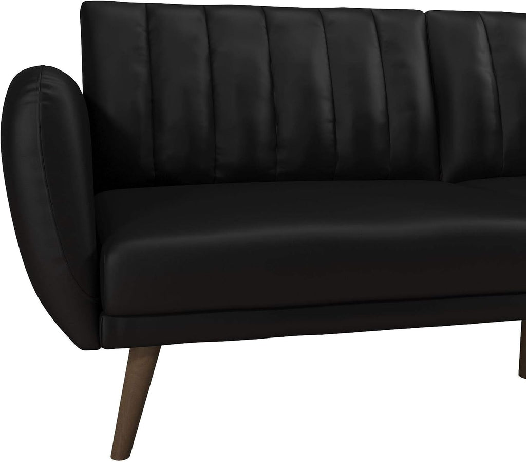 Novogratz Brittany 82 Inch Futon Sofa Bed in Faux Leather, Upholstered Couch Sleeper with Tufted Back, Mid-Century Modern Design, Black