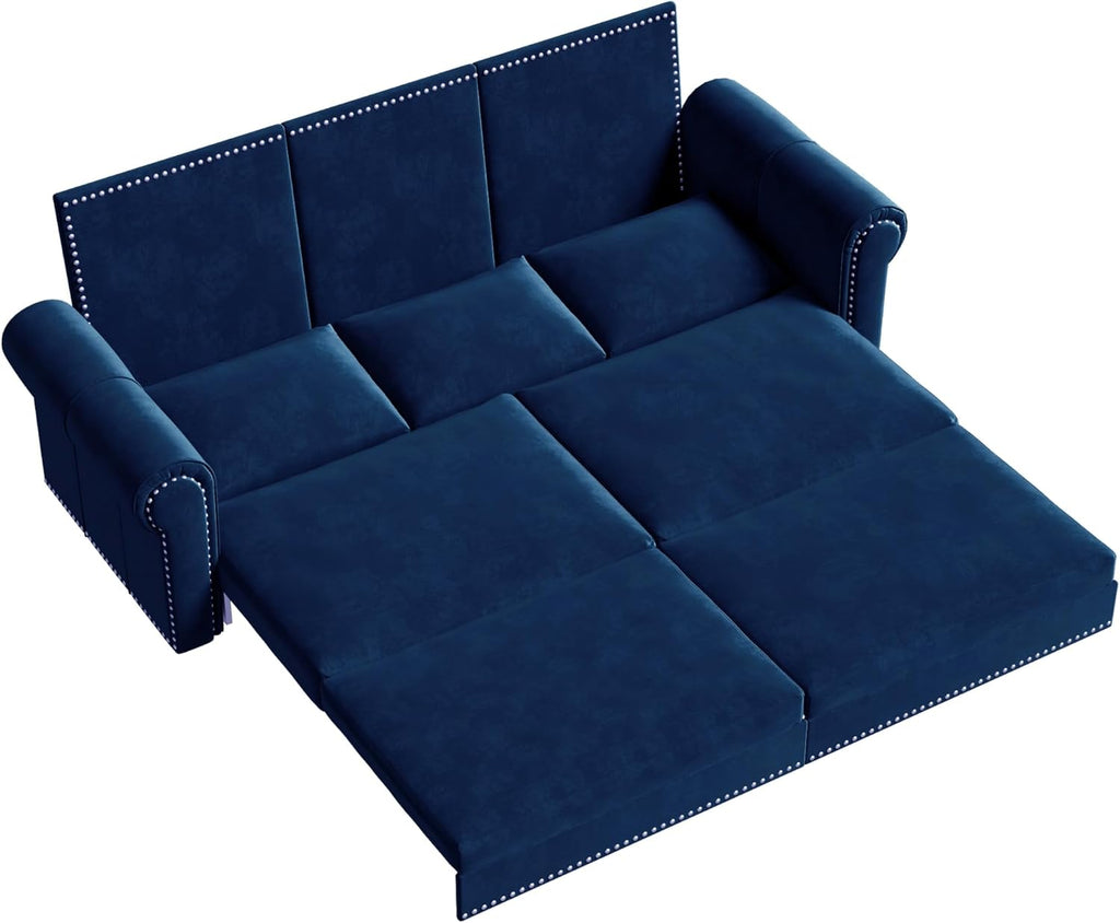 93.7' King Pull Out Sofa Bed, Velvet Sleeper Sofa Couch, 3 in 1 Convertible Futon Couches for Living Room, Small Space, Apartment, Office, Bedroom, Modern Rivet Armrest, Blue