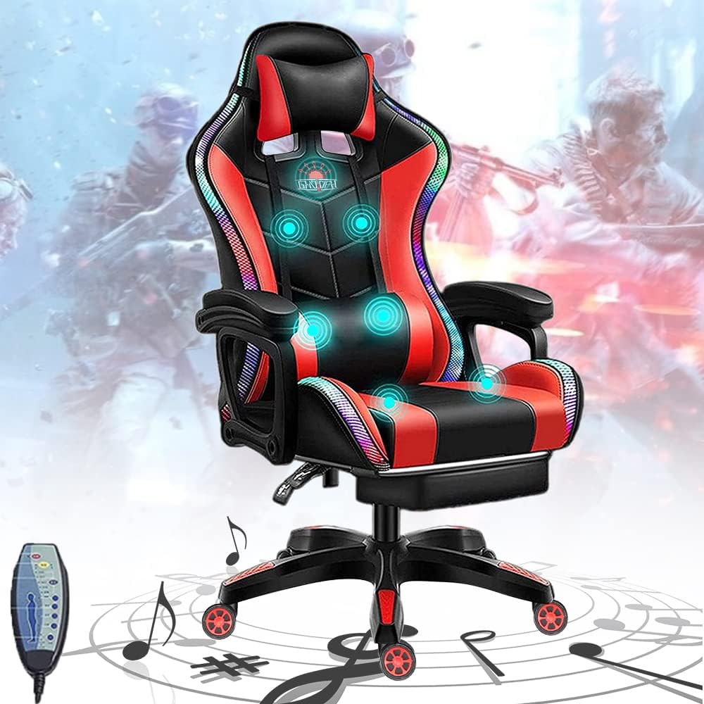 PC Gaming Chair Massage, Ergonomic Gaming Chairs for Adults and Teens with Lumbar Support and Foot Rest, RGB LED Light Gamer Chair with Speakers, for Game Recreation Room,Red