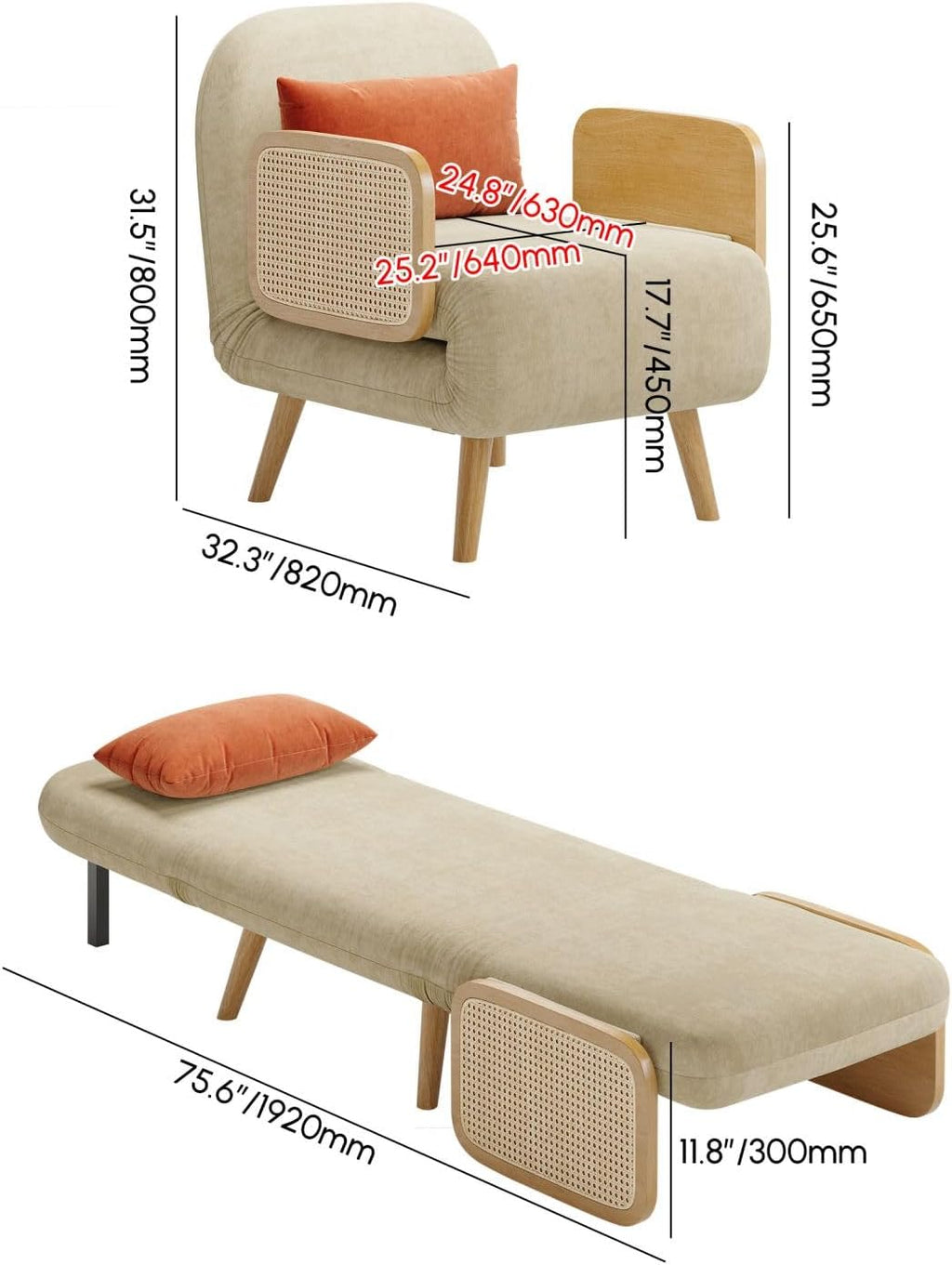 homary 28' Linen Sleeper Sofa Bed, Convertible 2-Seater Loveseat Futon with Adjustable Backrest & Tray, Small Space Living Room/Guest Room Furniture (Beige-Linen, Single)