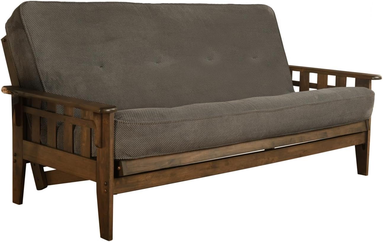 FutonX Rustic Walnut Frame and Mattress Set with Choice to add Drawers, 8 Inch Innerspring Futon Sofa Bed Full Size Wood (Marmont Thunder Matt and Frame (No Drawers))