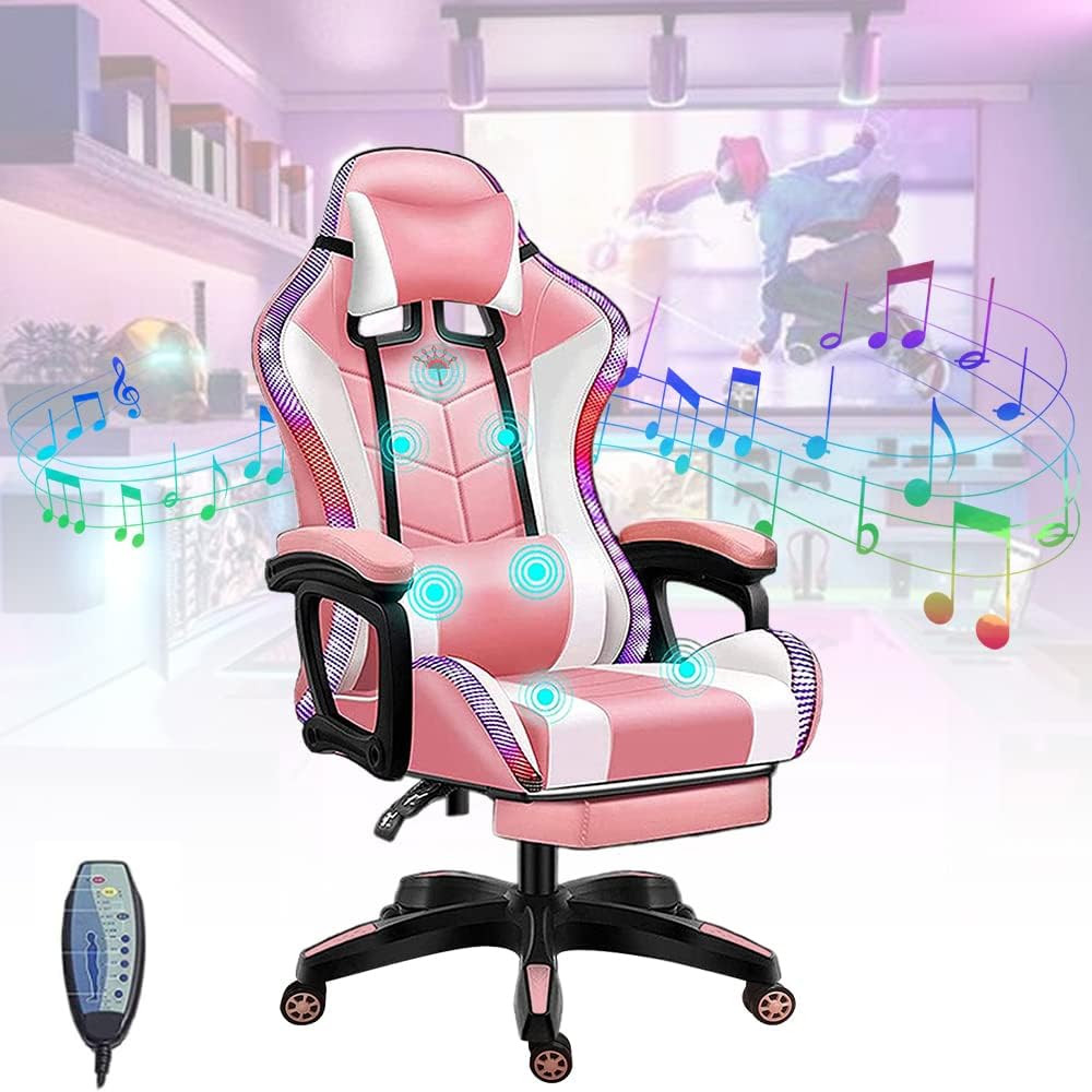 Gaming Chair for Adults & Teens High Back Gamer Chair Ergonomic Massage Racing Chair with Lumbar Support and Headrest Computer Desk Chair with Speakers and LED Lights,Pink