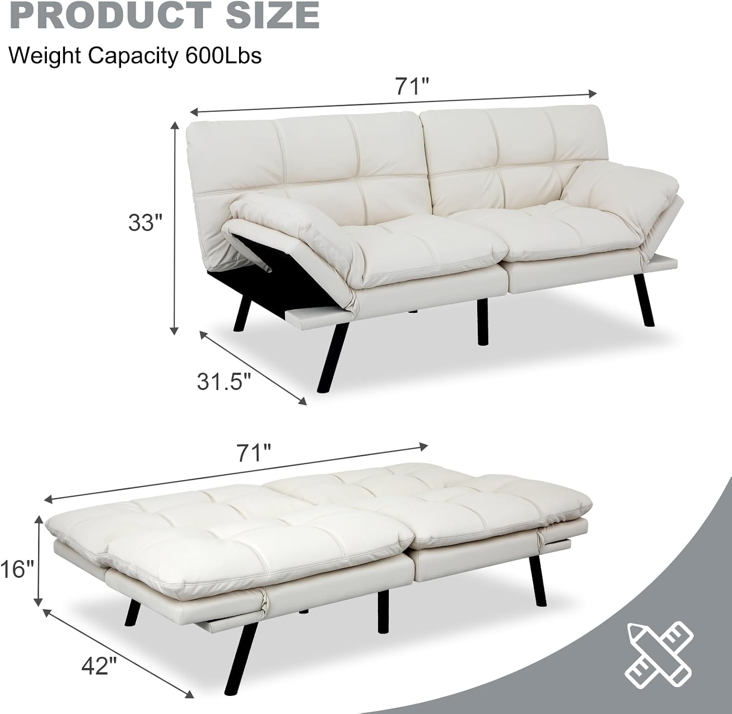 MUUEGM Futon Sofa Bed Convertible Couch,Memory Foam Futon Sofa Couch,Sleeper Futons Sofa Couches,Small Splitback Modern Loveseat Sofa Bed for Living Room,Office,Apartment,Faux Leather,White.