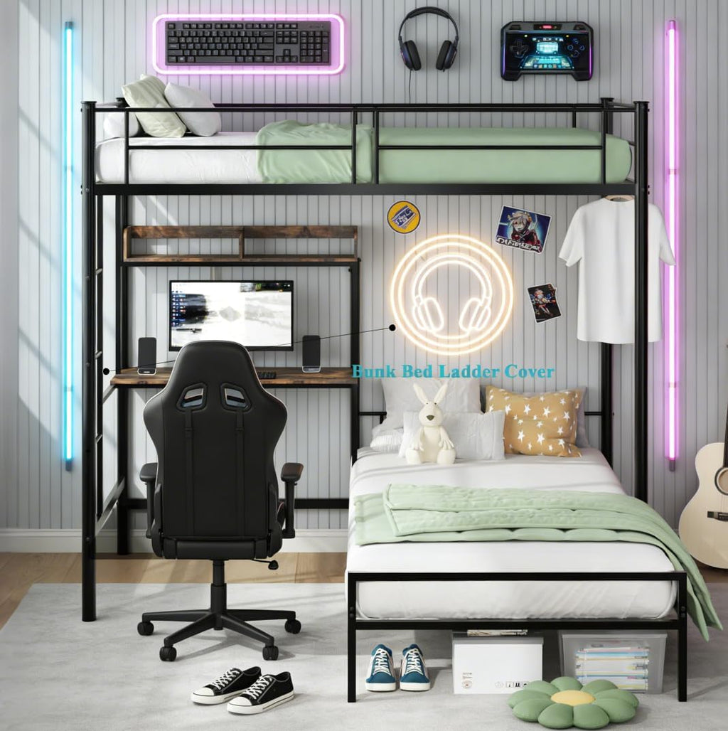Bellemave Twin Over Twin bunk Bed with Desk, loft Bed with Desk and Shelves, Twin Over Twin Metal Bunk Beds with Charging Station, Black