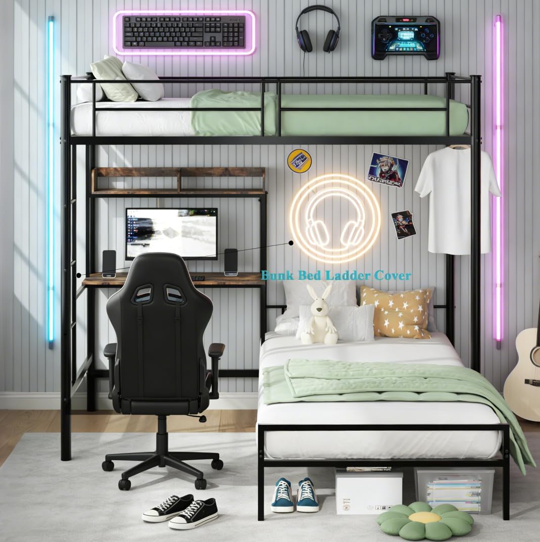 Bellemave Twin Over Twin bunk Bed with Desk, loft Bed with Desk and Shelves, Twin Over Twin Metal Bunk Beds with Charging Station, Black