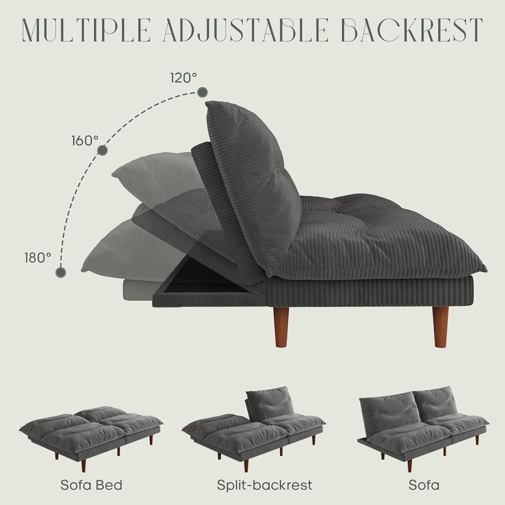 LLappuil Futon Sofa Bed, 69 inch Futon Couch with Adjustable Backrest, Corduroy Convertible Sleeper Sofa Bed, Folding Sleeper Recliner, Loveseat for Apartment, Living Room, Office (Grey)
