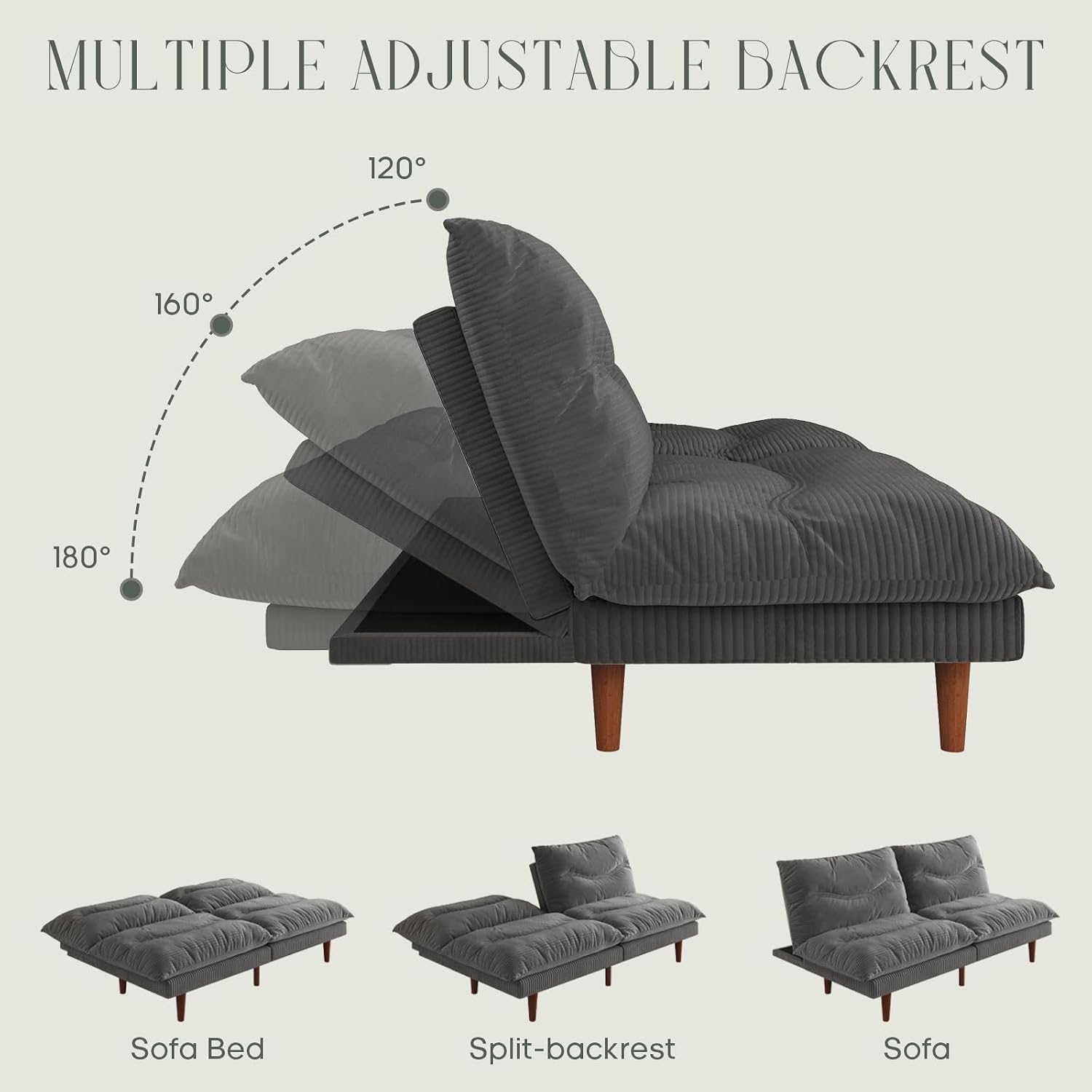 LLappuil Futon Sofa Bed, 69 inch Futon Couch with Adjustable Backrest, Corduroy Convertible Sleeper Sofa Bed, Folding Sleeper Recliner, Loveseat for Apartment, Living Room, Office (Grey)