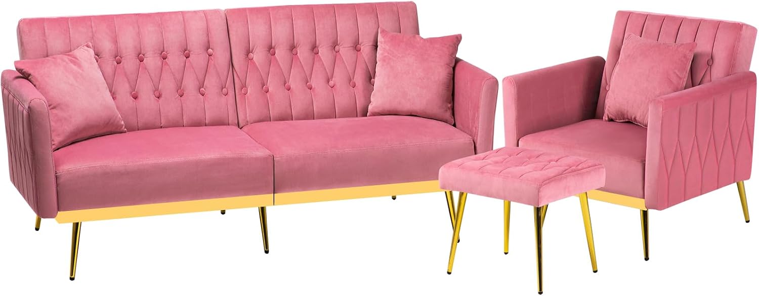 2 Pieces Velvet Sofa Set with Adjustable Armrest and Backrest, 70' Convertible Futon Sofa Bed & Mordern Accent Chair with Ottoman for Living Room, Bedroom, Pink
