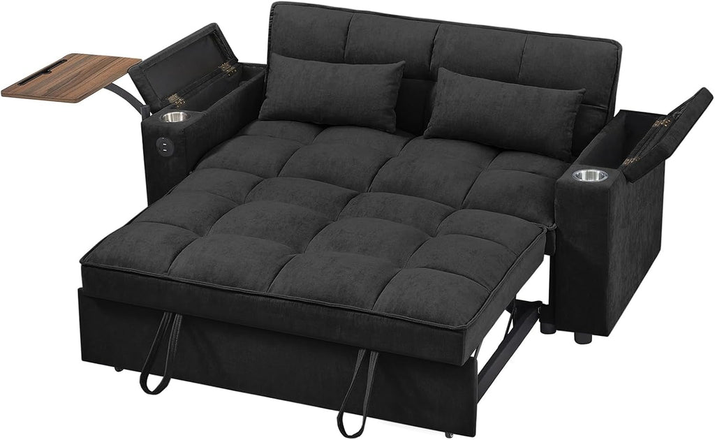 hansones 65'' 3-in-1 Folding Convertible Sofa Bed, Pullout Sofa, Modern Chenille Fabric, 360° Swivel Side Table, Easy Assembly, Perfect for Living Room, Black